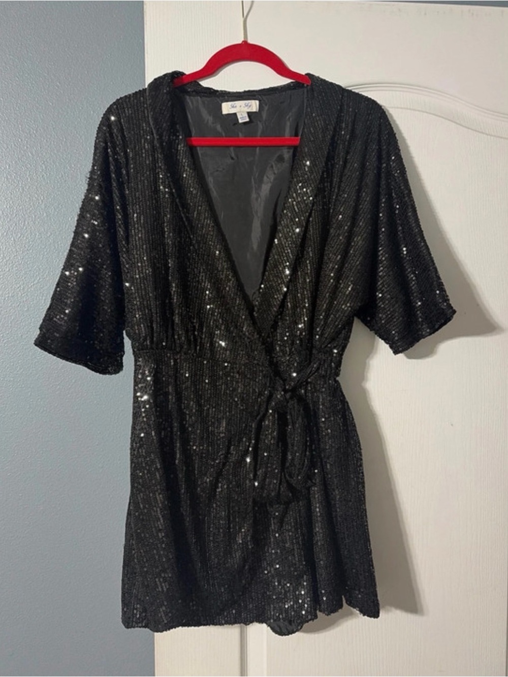 Sequin Wrap Romper - Black